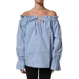 Light Blue Cotton Off Shoulder Long Sleeves Top