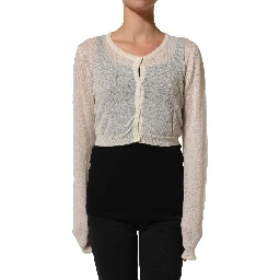 White Knit Cropped Wool Cardigan Sweater
