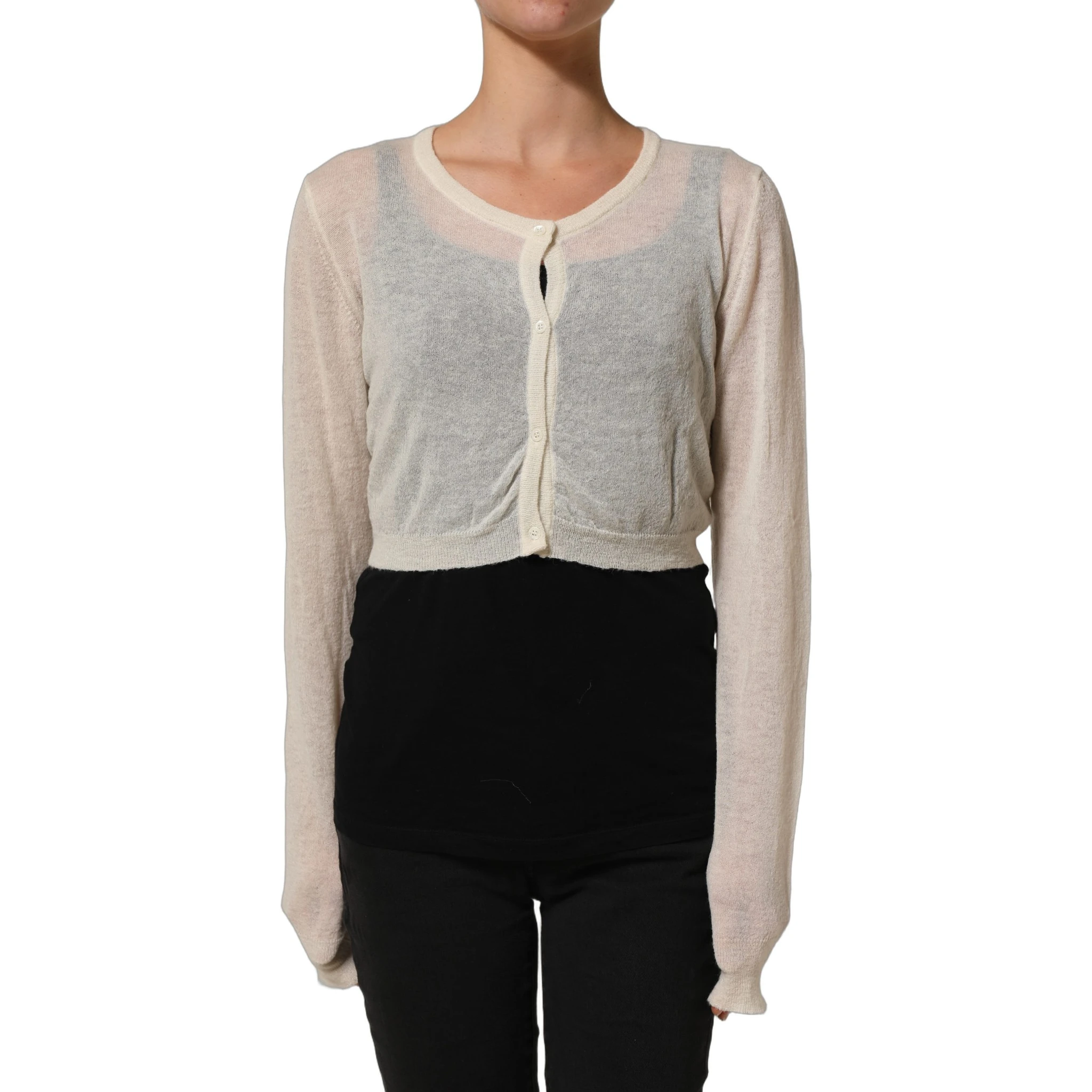 White Knit Cropped Wool Cardigan Sweater