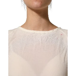 Off White Silk Sheer Round Neck Short Sleeves Blouse Top