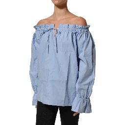 Light Blue Cotton Off Shoulder Long Sleeves Top