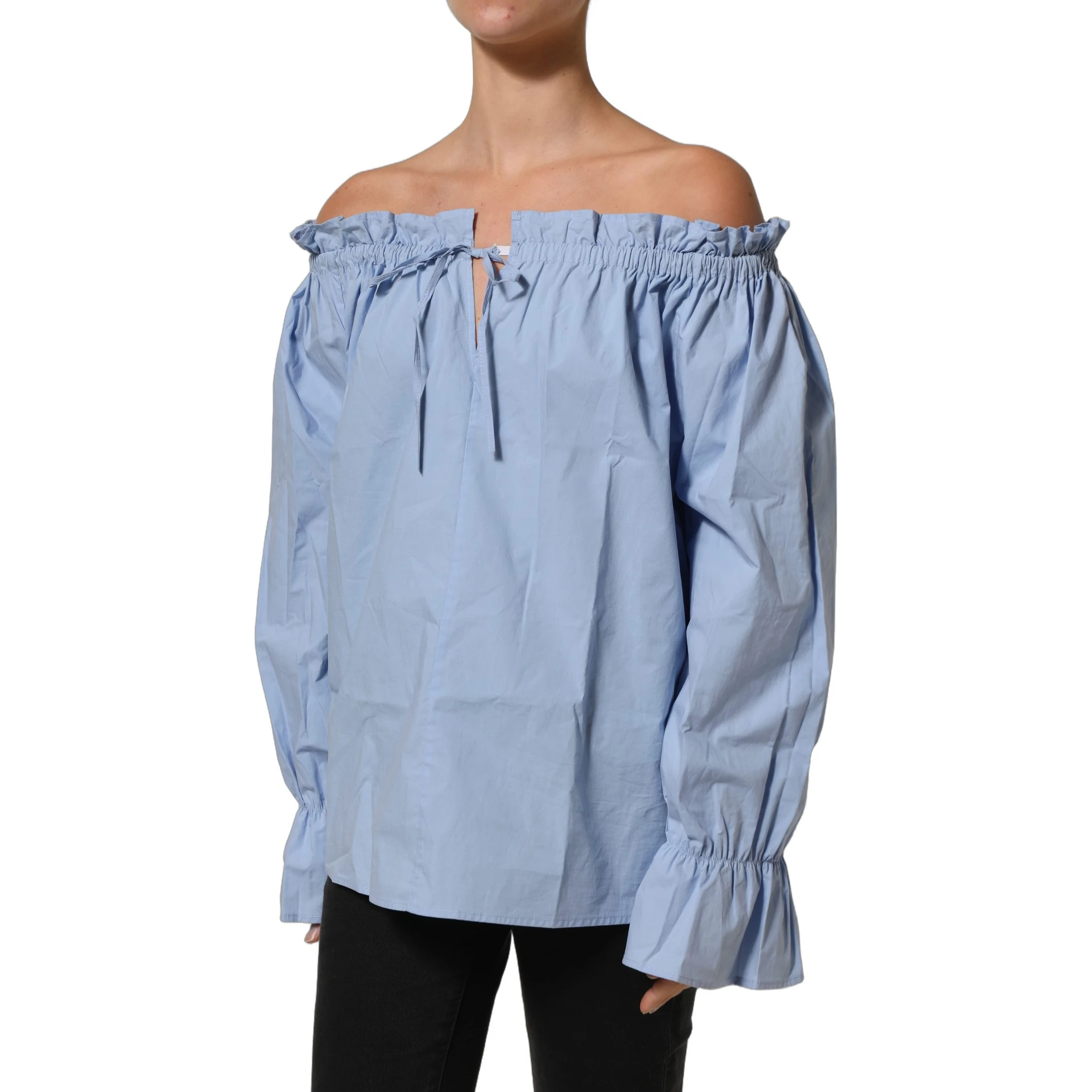 Light Blue Cotton Off Shoulder Long Sleeves Top
