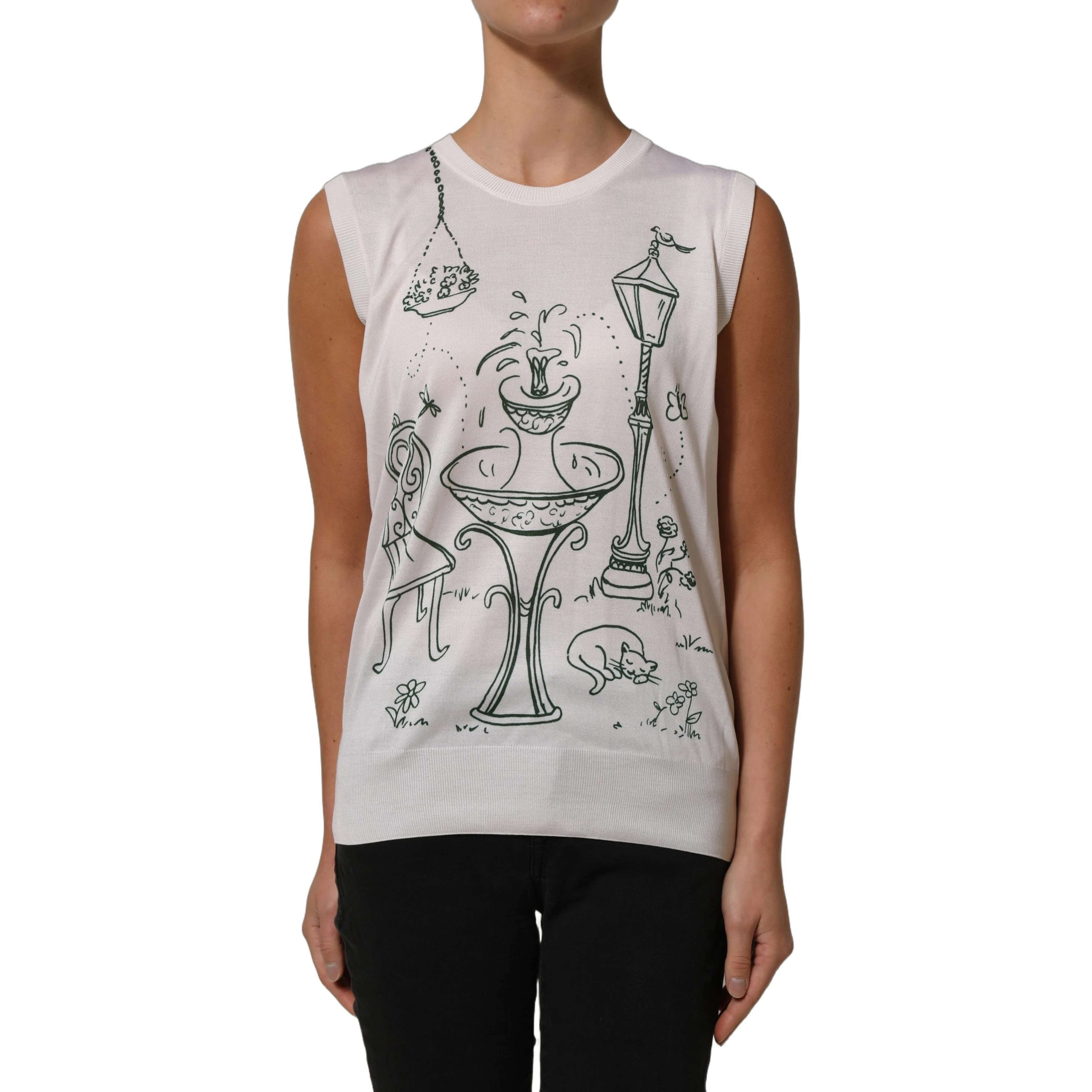 White Silk Knit Garden Fountain Print Tank Top