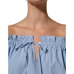 Light Blue Cotton Off Shoulder Long Sleeves Top