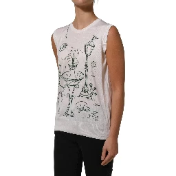 White Silk Knit Garden Fountain Print Tank Top