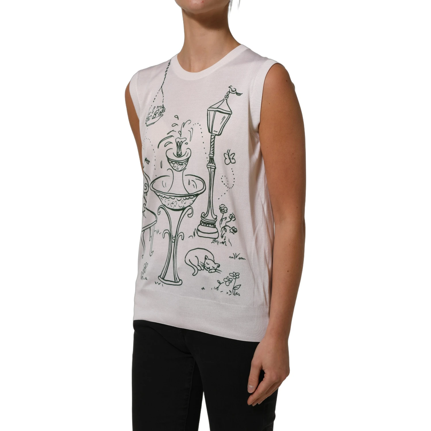 White Silk Knit Garden Fountain Print Tank Top