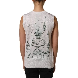 White Silk Knit Garden Fountain Print Tank Top