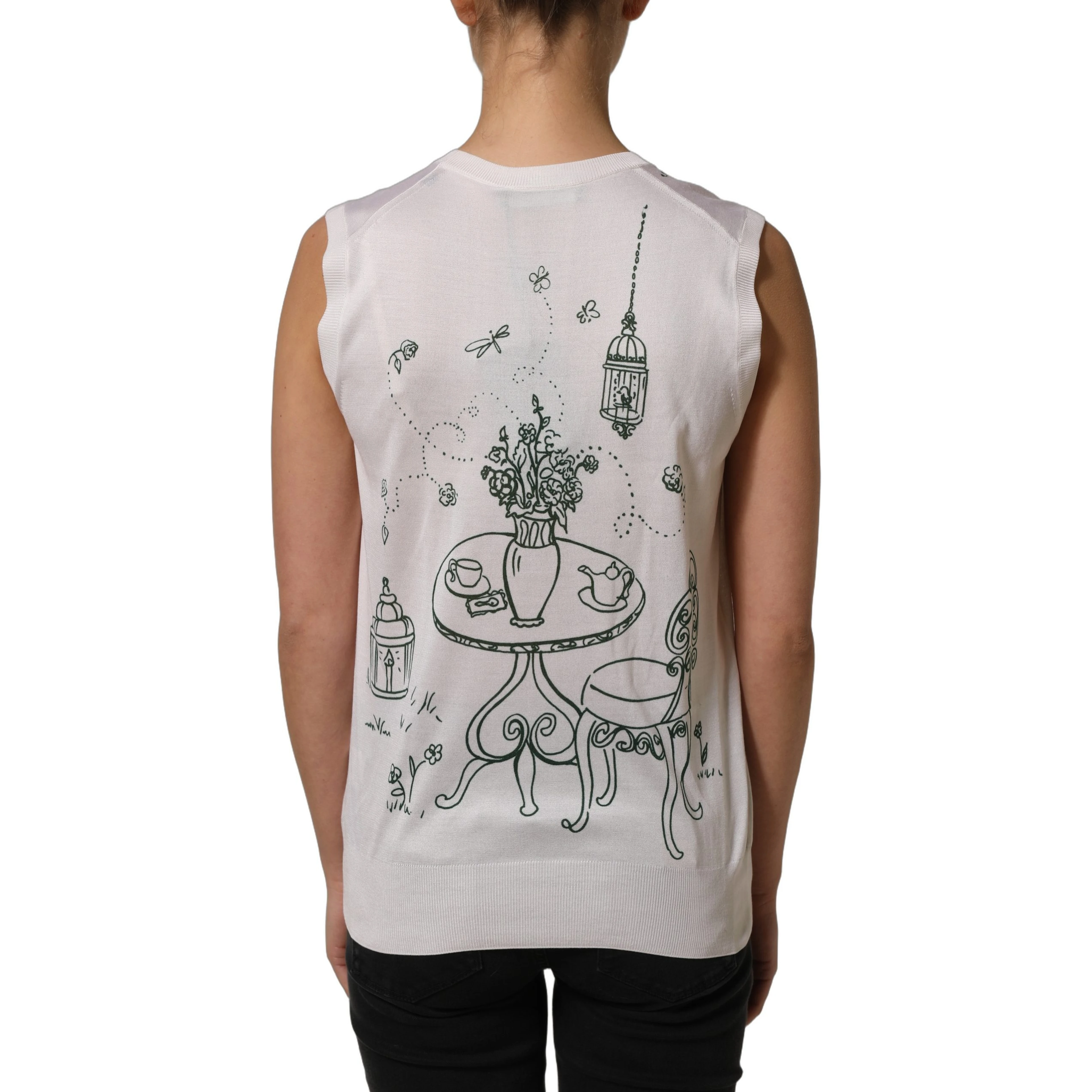 White Silk Knit Garden Fountain Print Tank Top