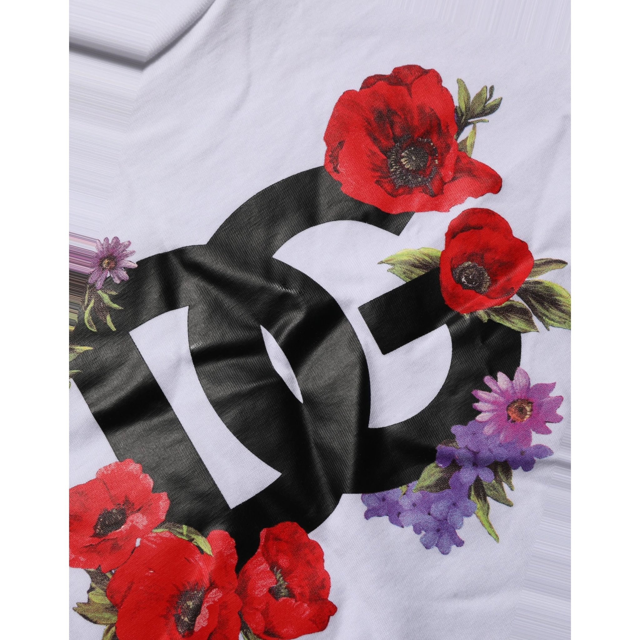White Floral Logo Cotton Round Neck T-shirt