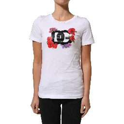 White Floral Logo Cotton Round Neck T-shirt
