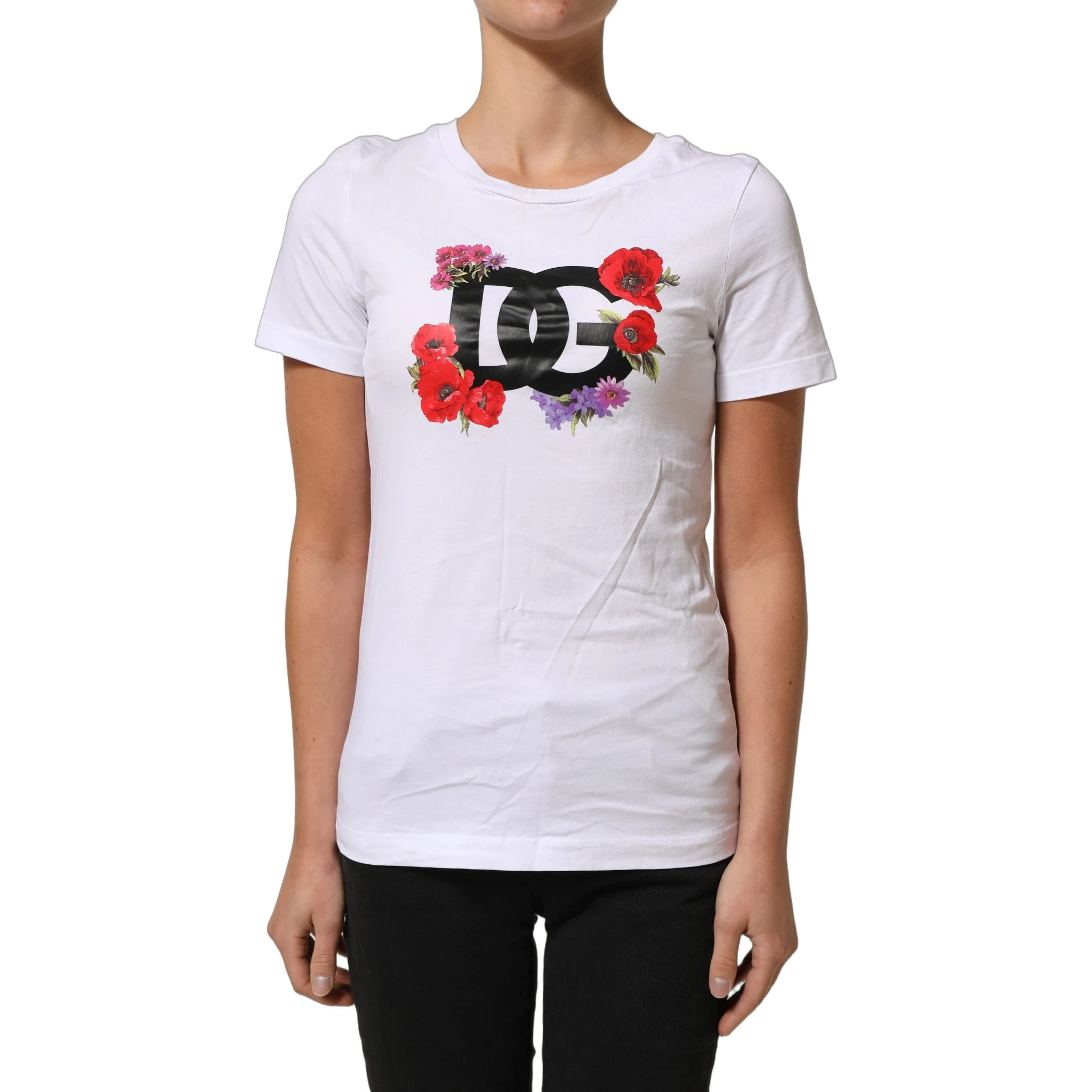 White Floral Logo Cotton Round Neck T-shirt