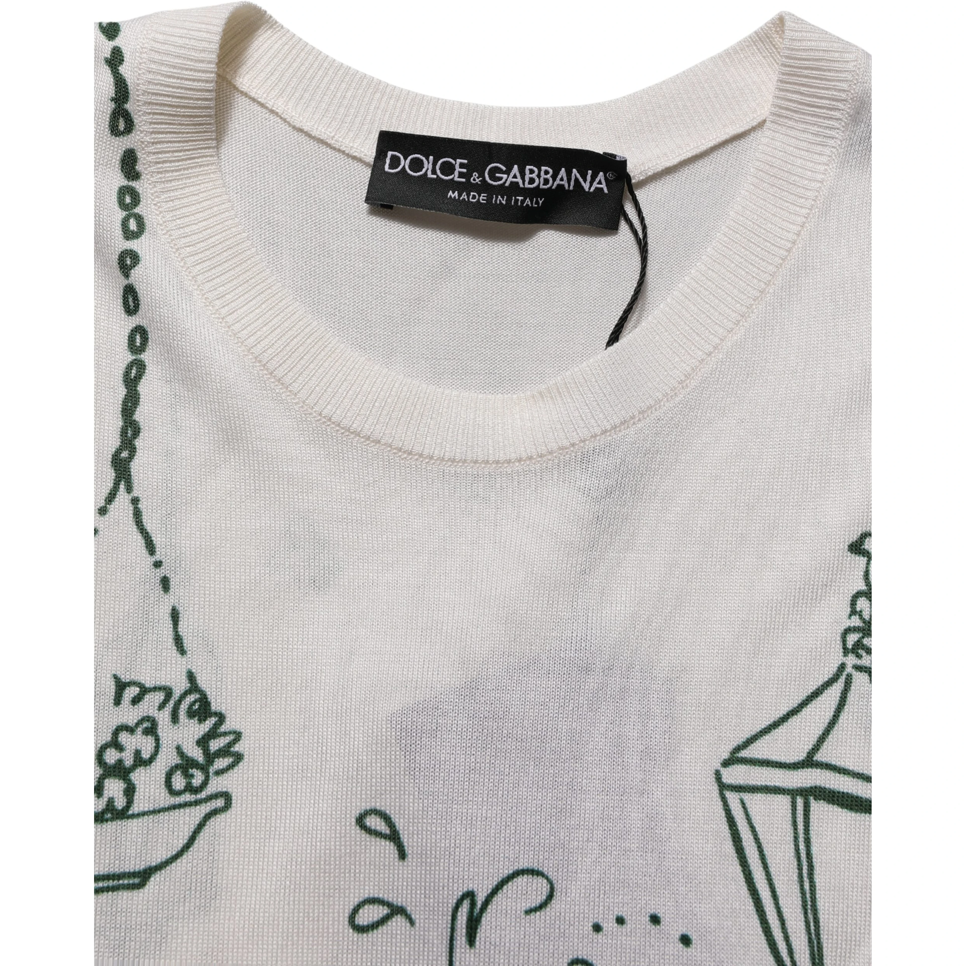 White Silk Knit Garden Fountain Print Tank Top