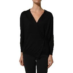 Black Silk Long Sleeves Draped Blouse Top
