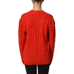 Red Wool Knit ButtonEmbellished Cardigan Sweater