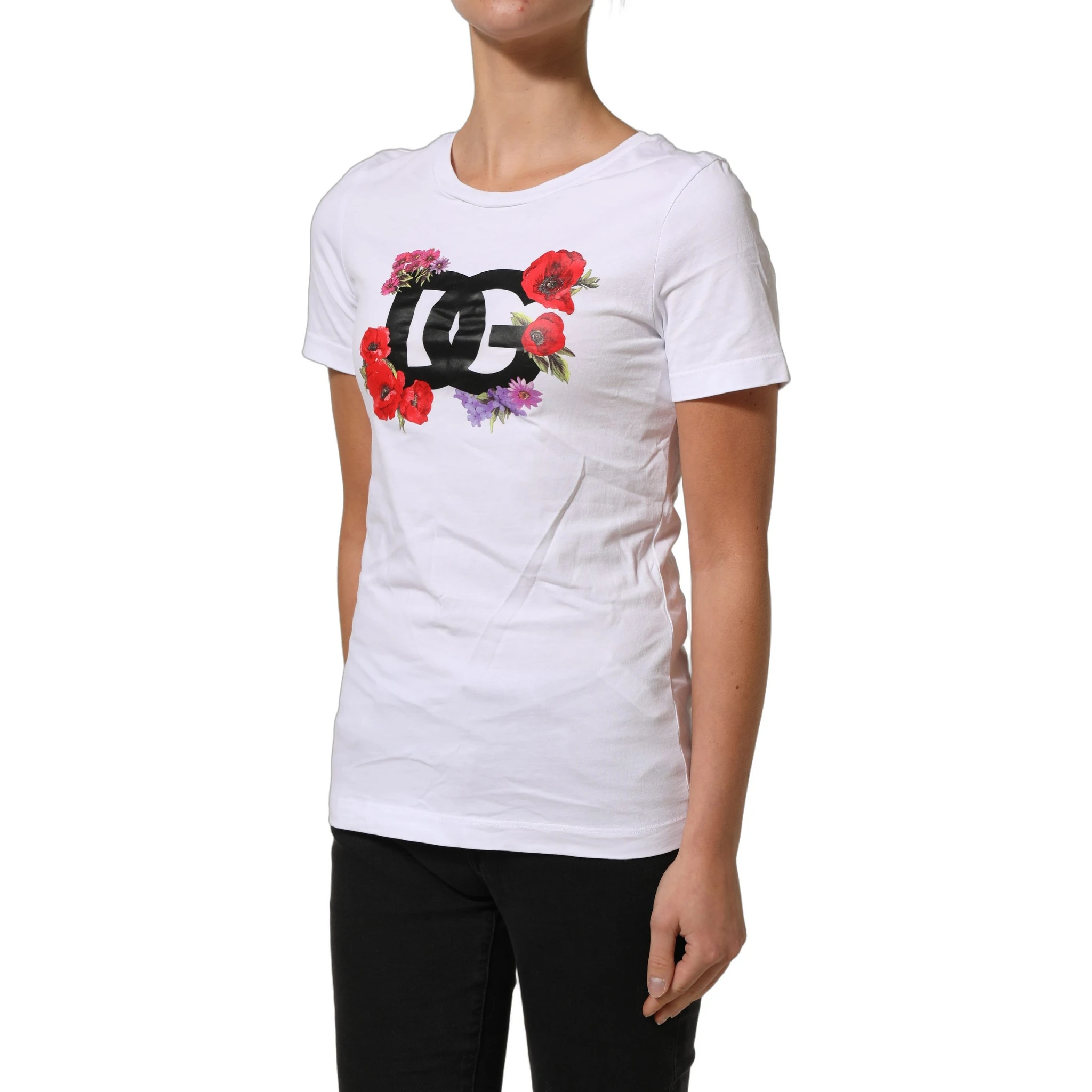 White Floral Logo Cotton Round Neck T-shirt