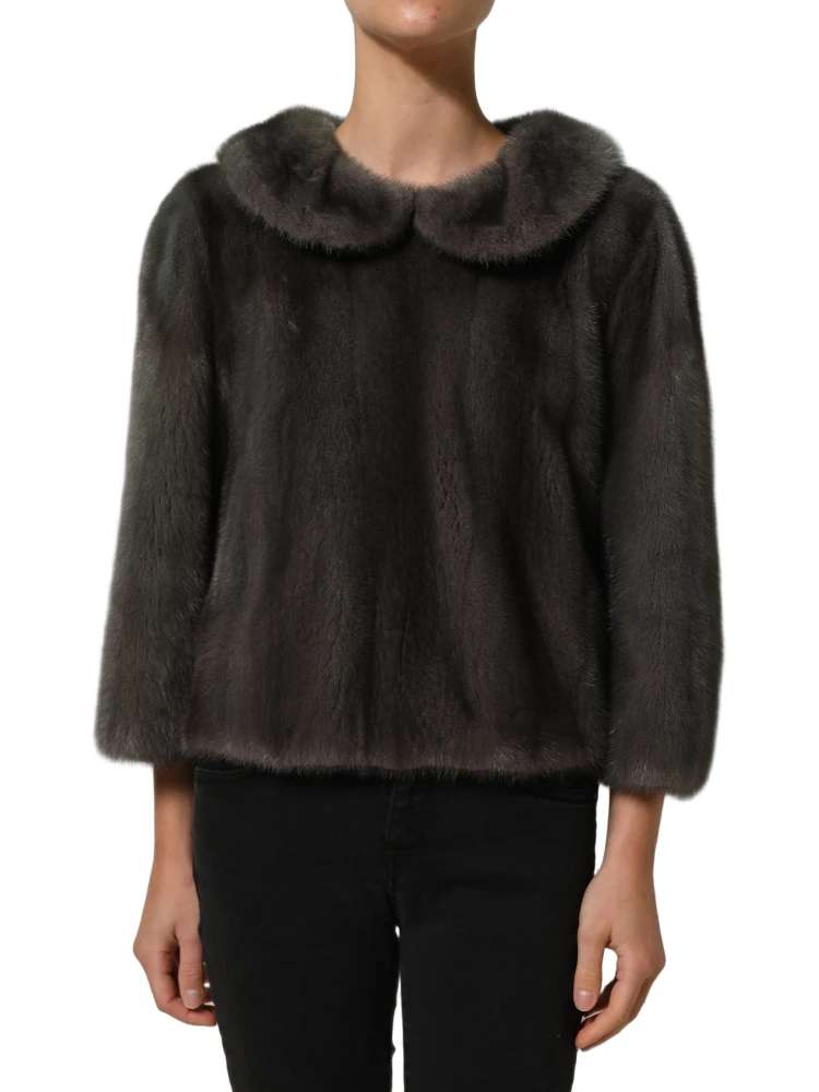 Dark Gray Mink Fur Round Collar Blouse Top