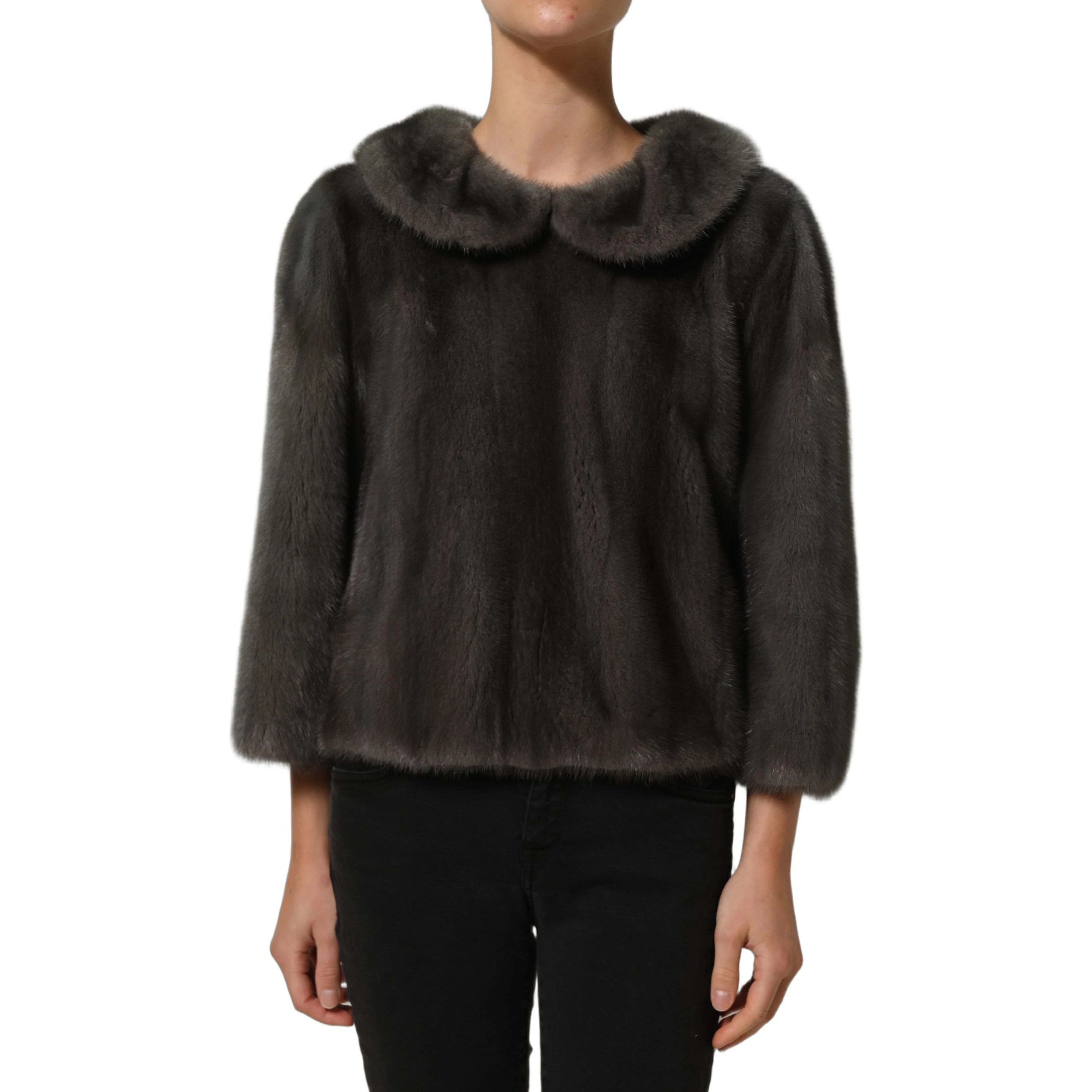 Dark Gray Mink Fur Round Collar Blouse Top