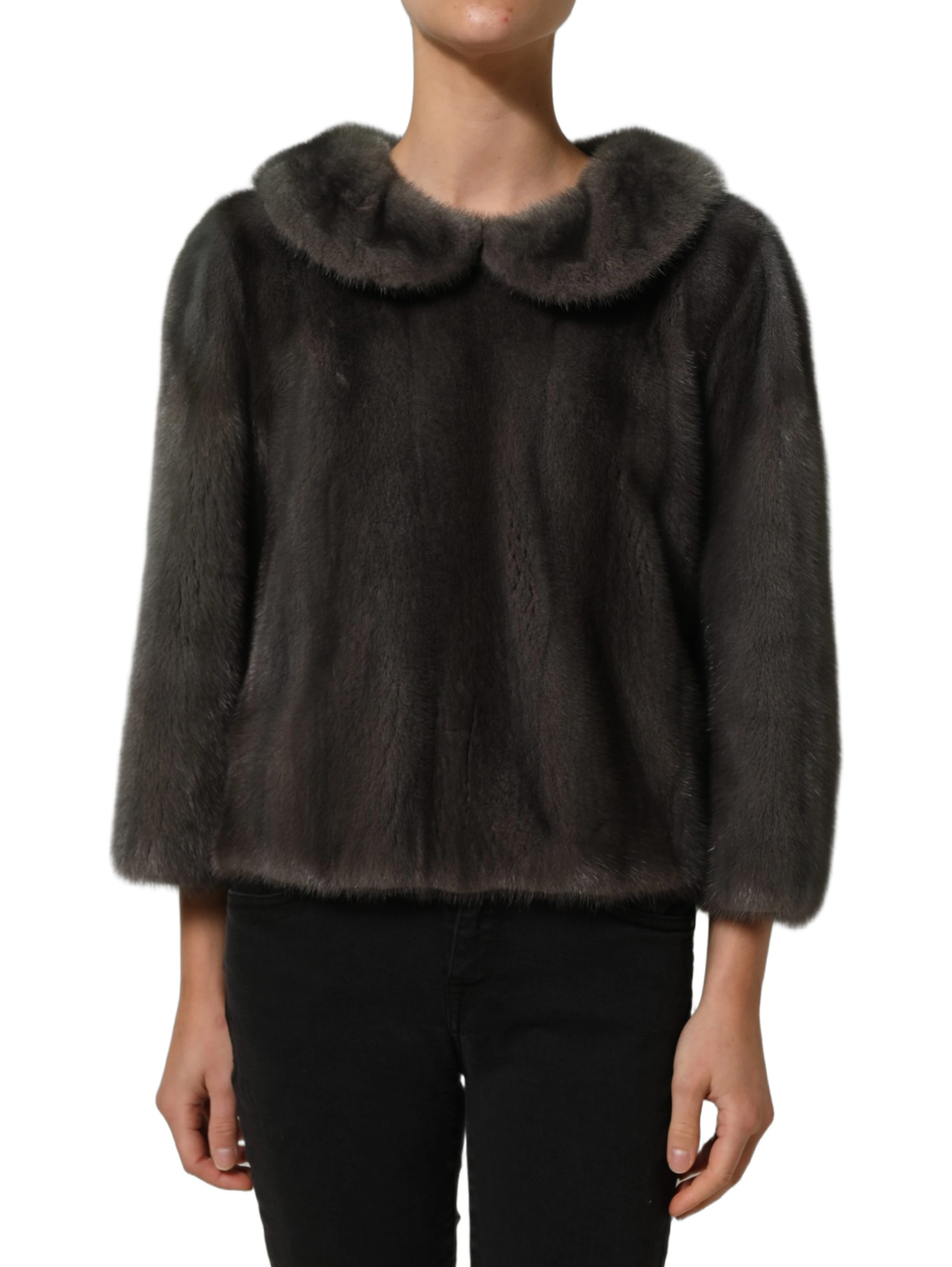 Dark Gray Mink Fur Round Collar Blouse Top