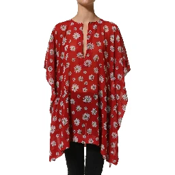 Red Floral V-neck Polyester Kaftan Blouse Top