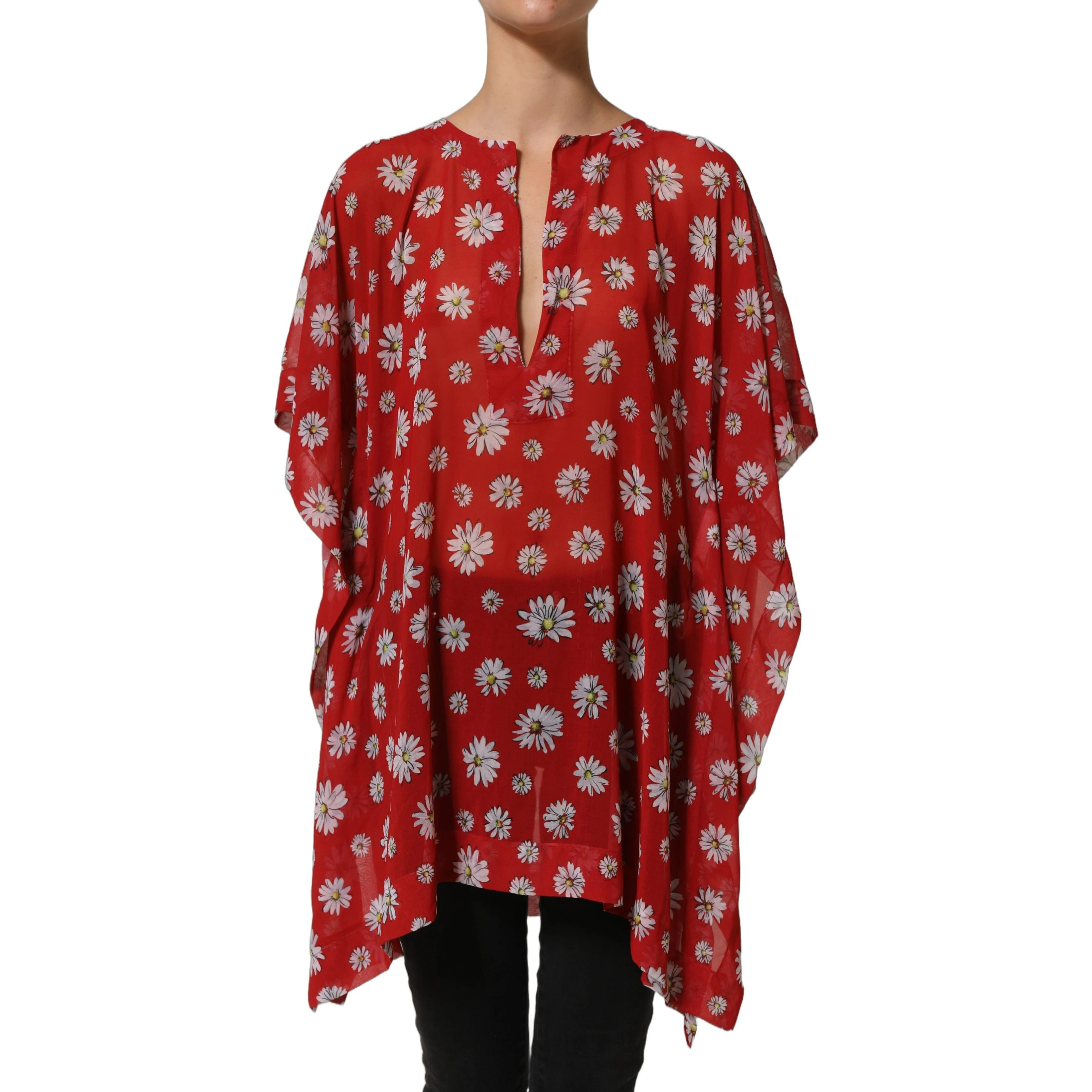 Red Floral V-neck Polyester Kaftan Blouse Top