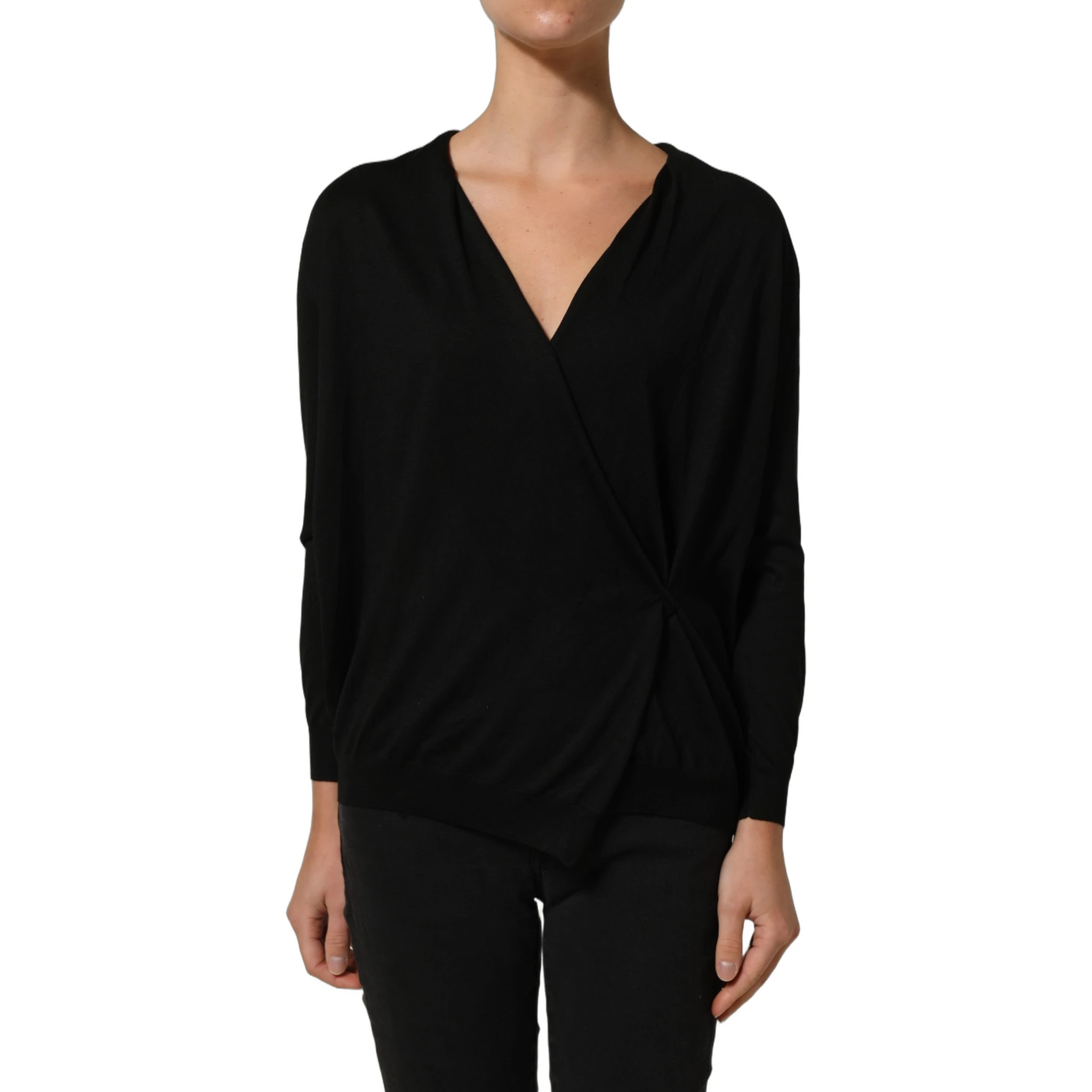 Black Silk Long Sleeves Draped Blouse Top