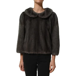 Dark Gray Mink Fur Round Collar Blouse Top