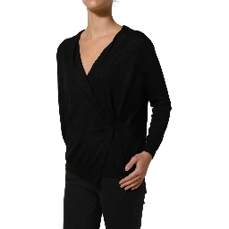 Black Silk Long Sleeves Draped Blouse Top