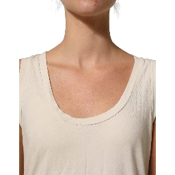 Beige Viscose Sleeveless Round Neck Women Tank Top