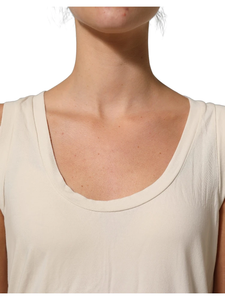 Beige Viscose Sleeveless Round Neck Women Tank Top