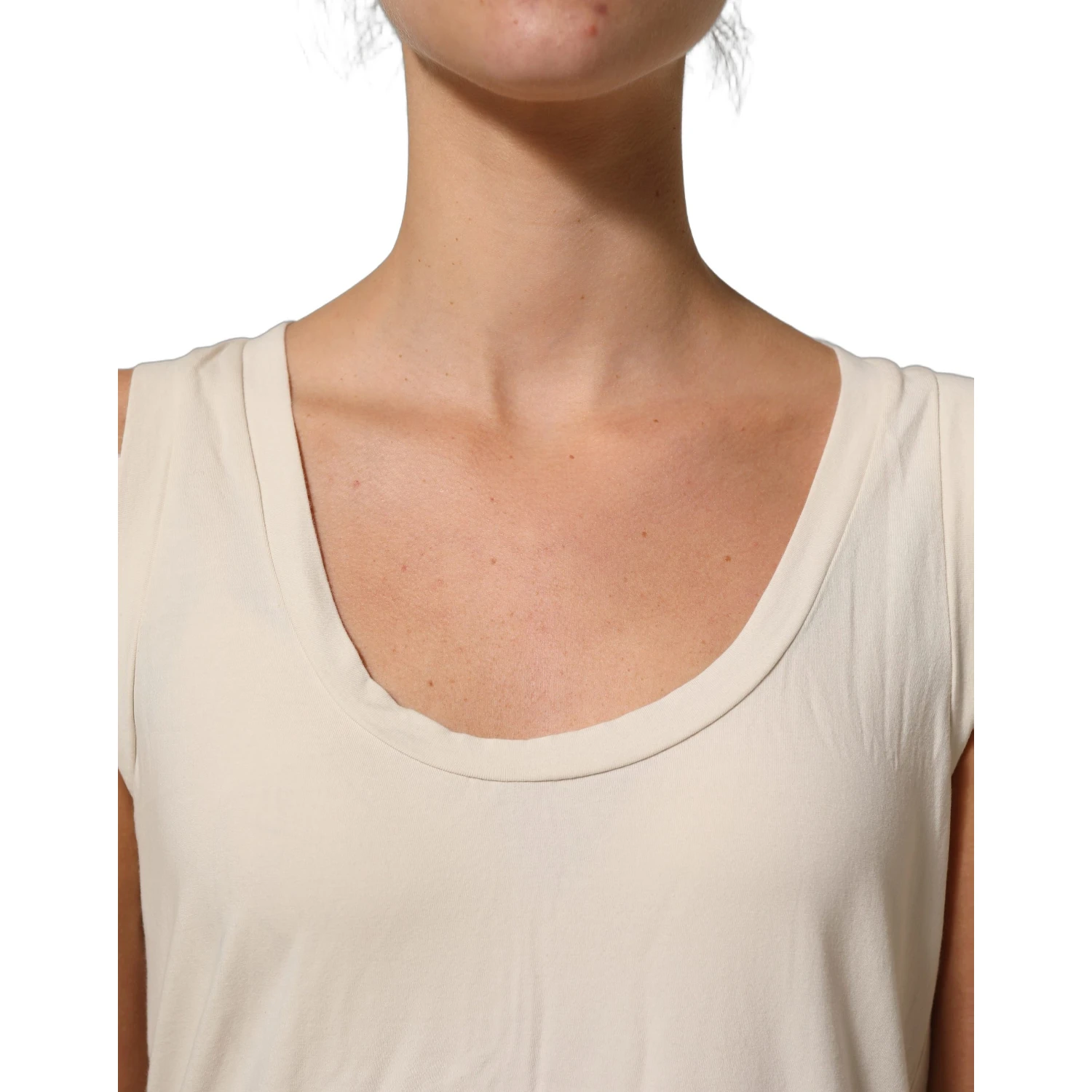 Beige Viscose Sleeveless Round Neck Women Tank Top