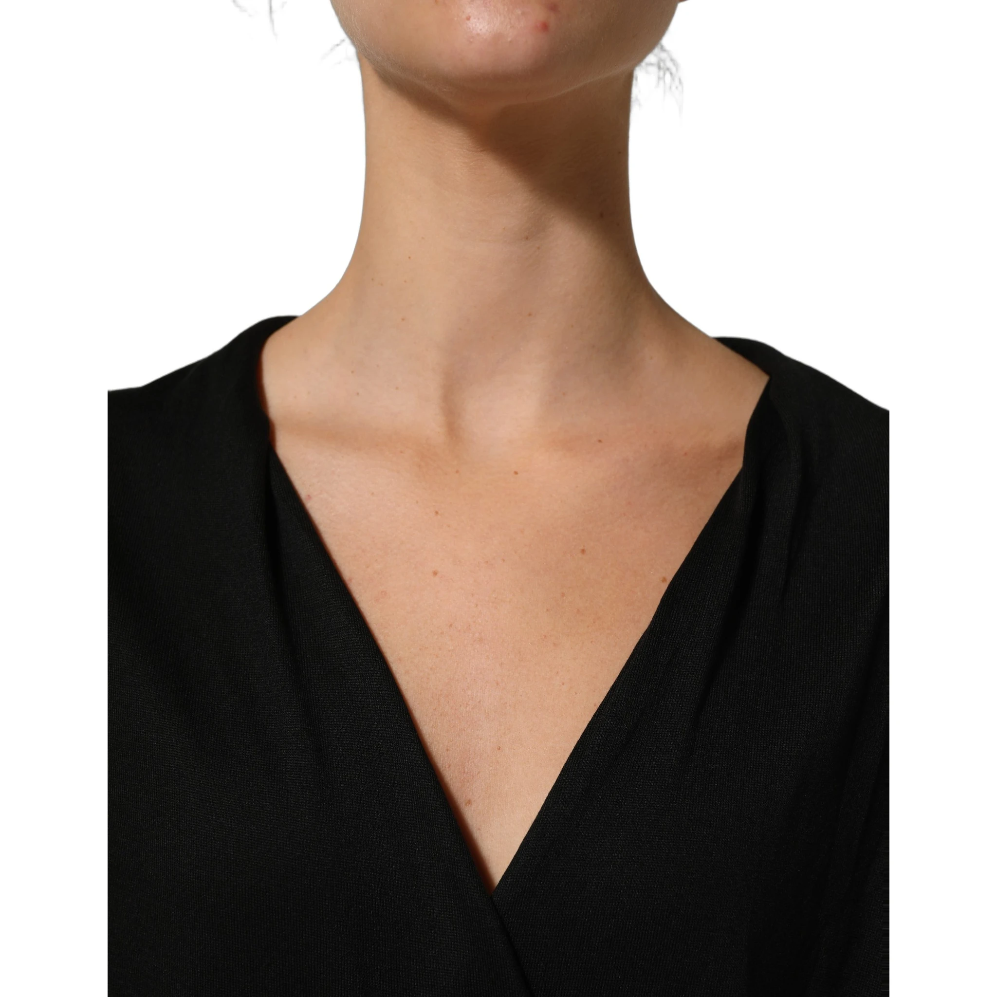 Black Silk Long Sleeves Draped Blouse Top
