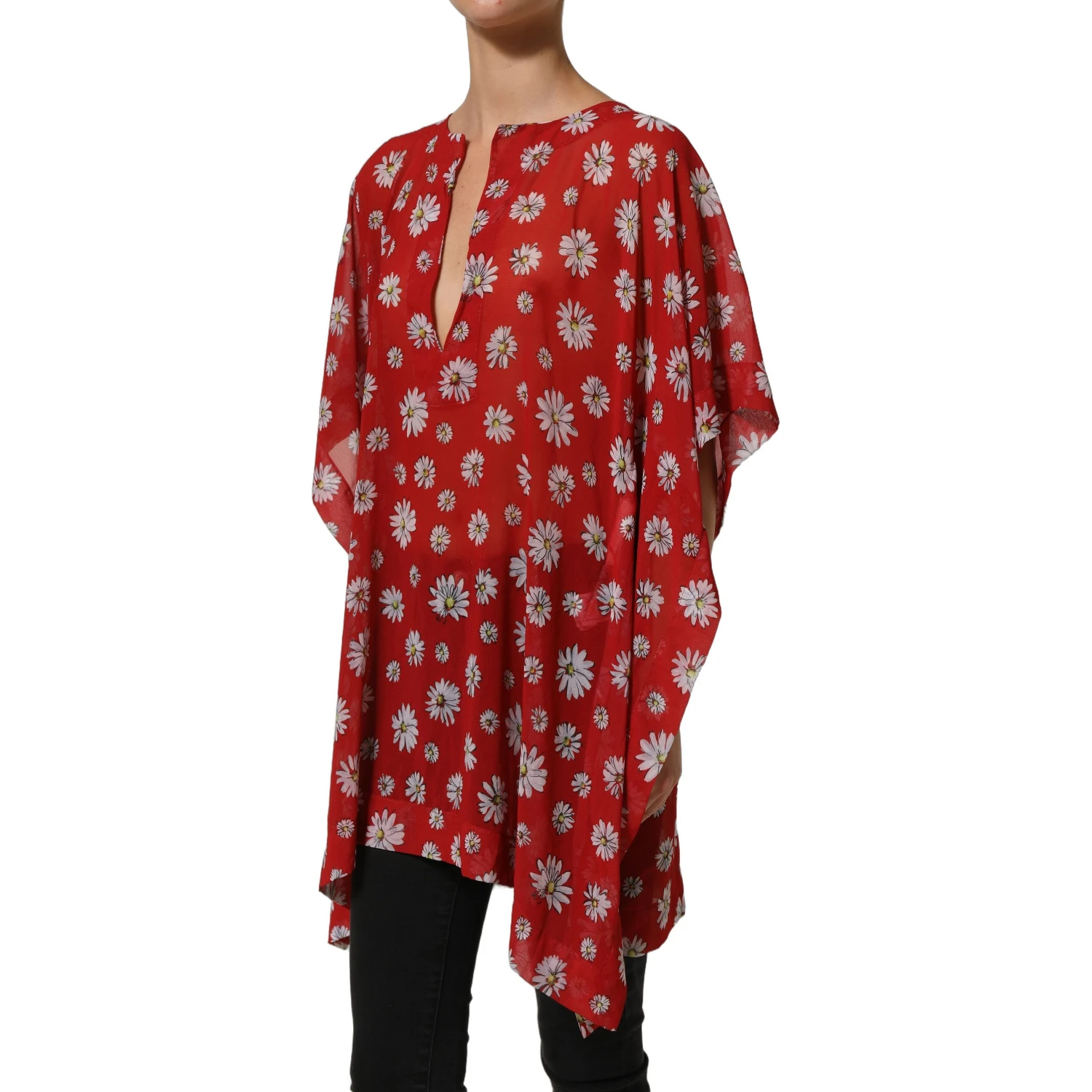 Red Floral V-neck Polyester Kaftan Blouse Top