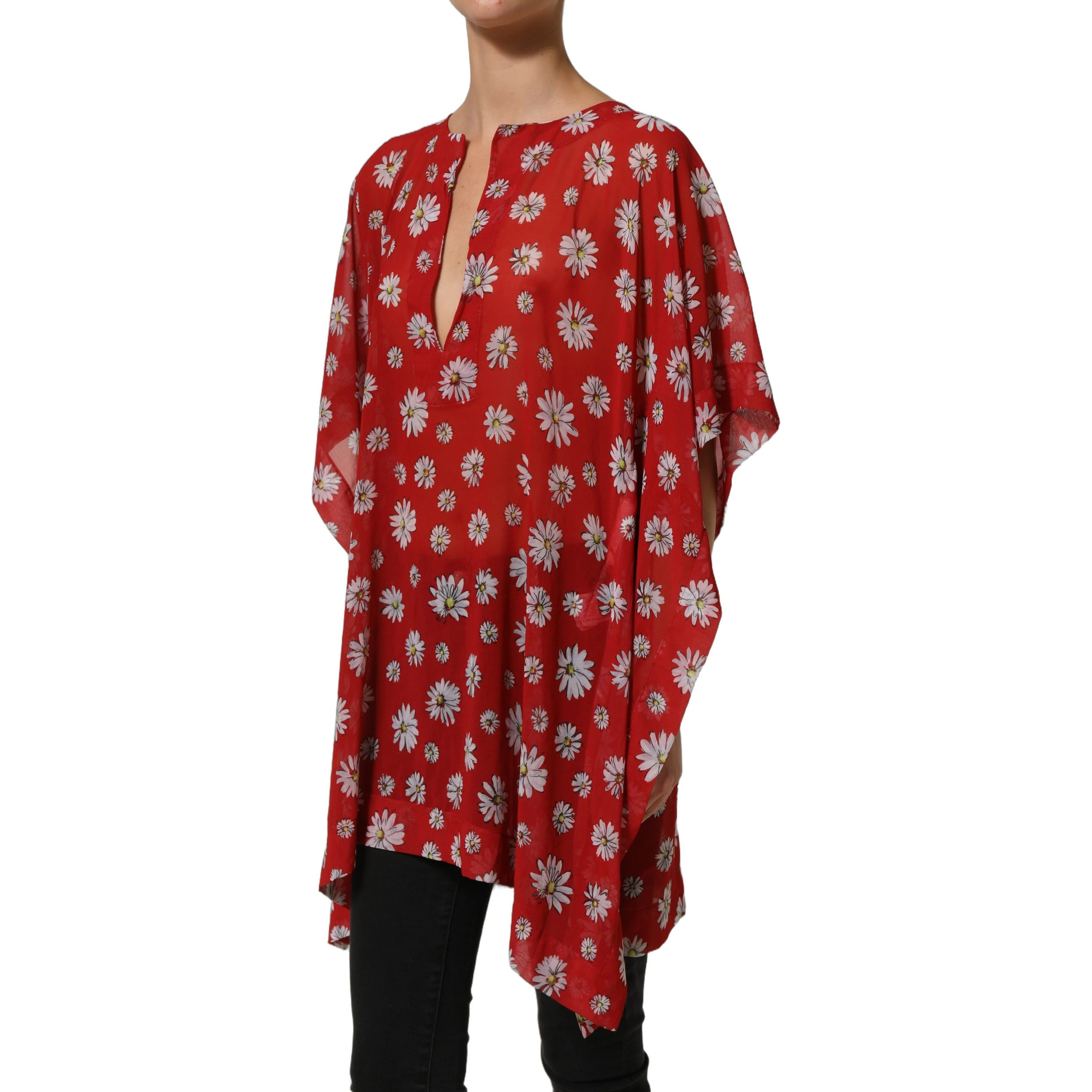 Red Floral V-neck Polyester Kaftan Blouse Top
