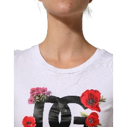 White Floral Logo Cotton Round Neck T-shirt