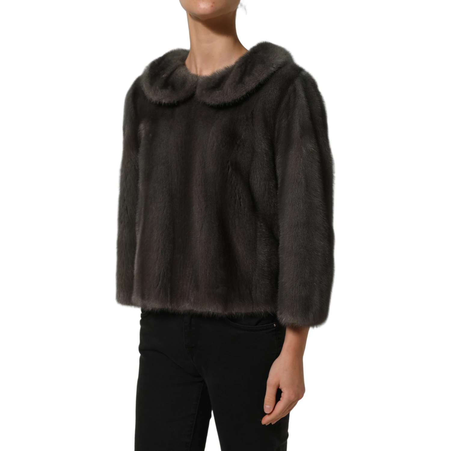 Dark Gray Mink Fur Round Collar Blouse Top