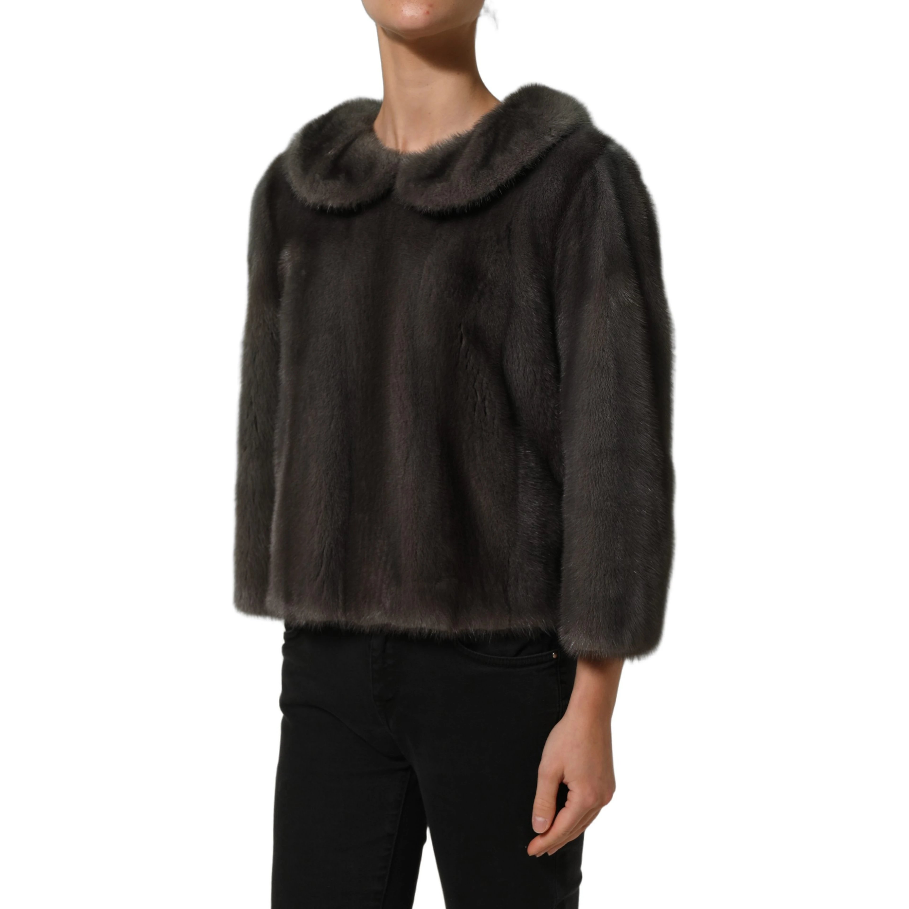 Dark Gray Mink Fur Round Collar Blouse Top