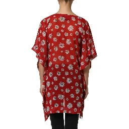 Red Floral V-neck Polyester Kaftan Blouse Top