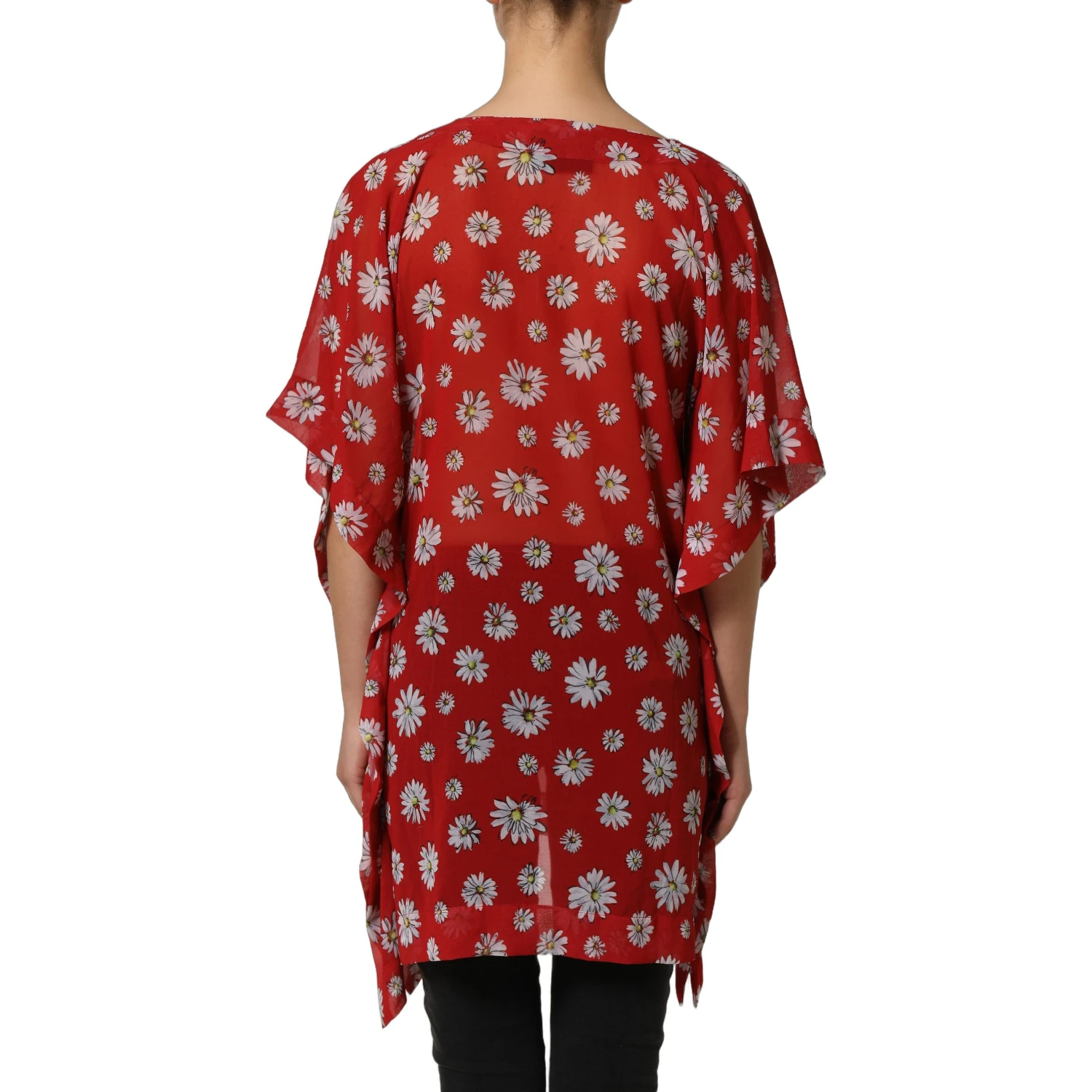 Red Floral V-neck Polyester Kaftan Blouse Top