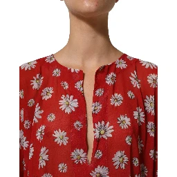 Red Floral V-neck Polyester Kaftan Blouse Top
