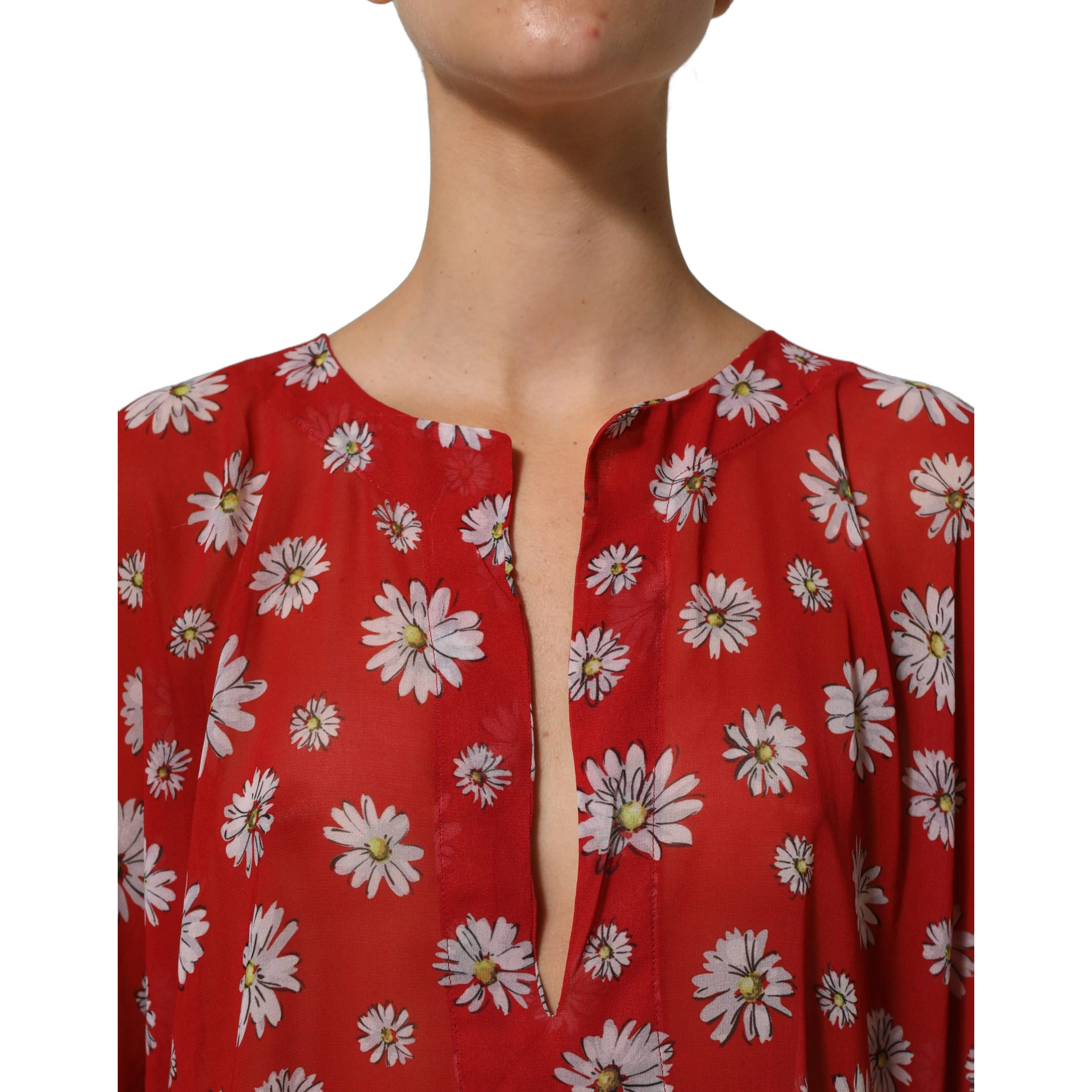 Red Floral V-neck Polyester Kaftan Blouse Top