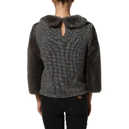 Dark Gray Mink Fur Round Collar Blouse Top