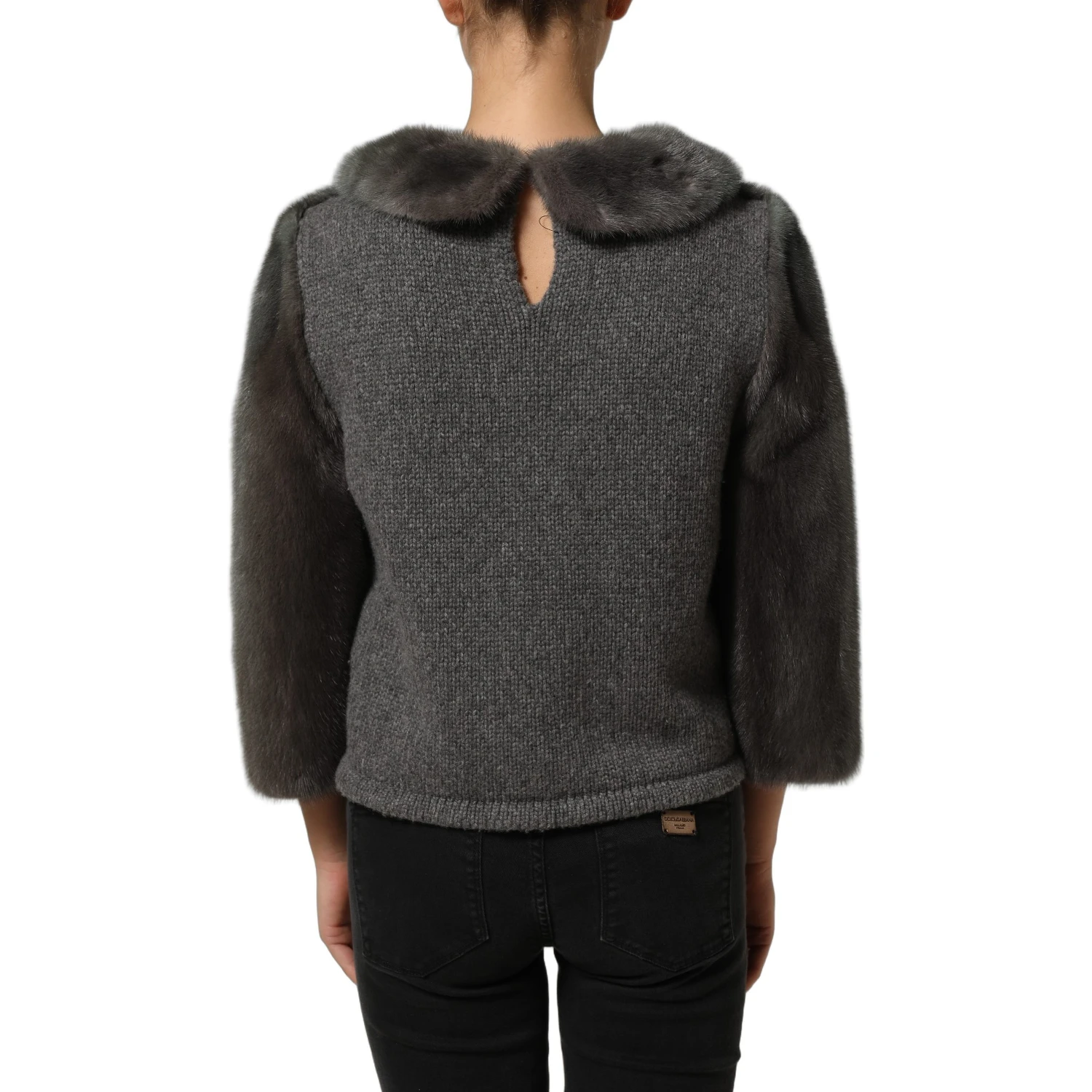 Dark Gray Mink Fur Round Collar Blouse Top
