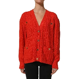 Red Wool Knit ButtonEmbellished Cardigan Sweater