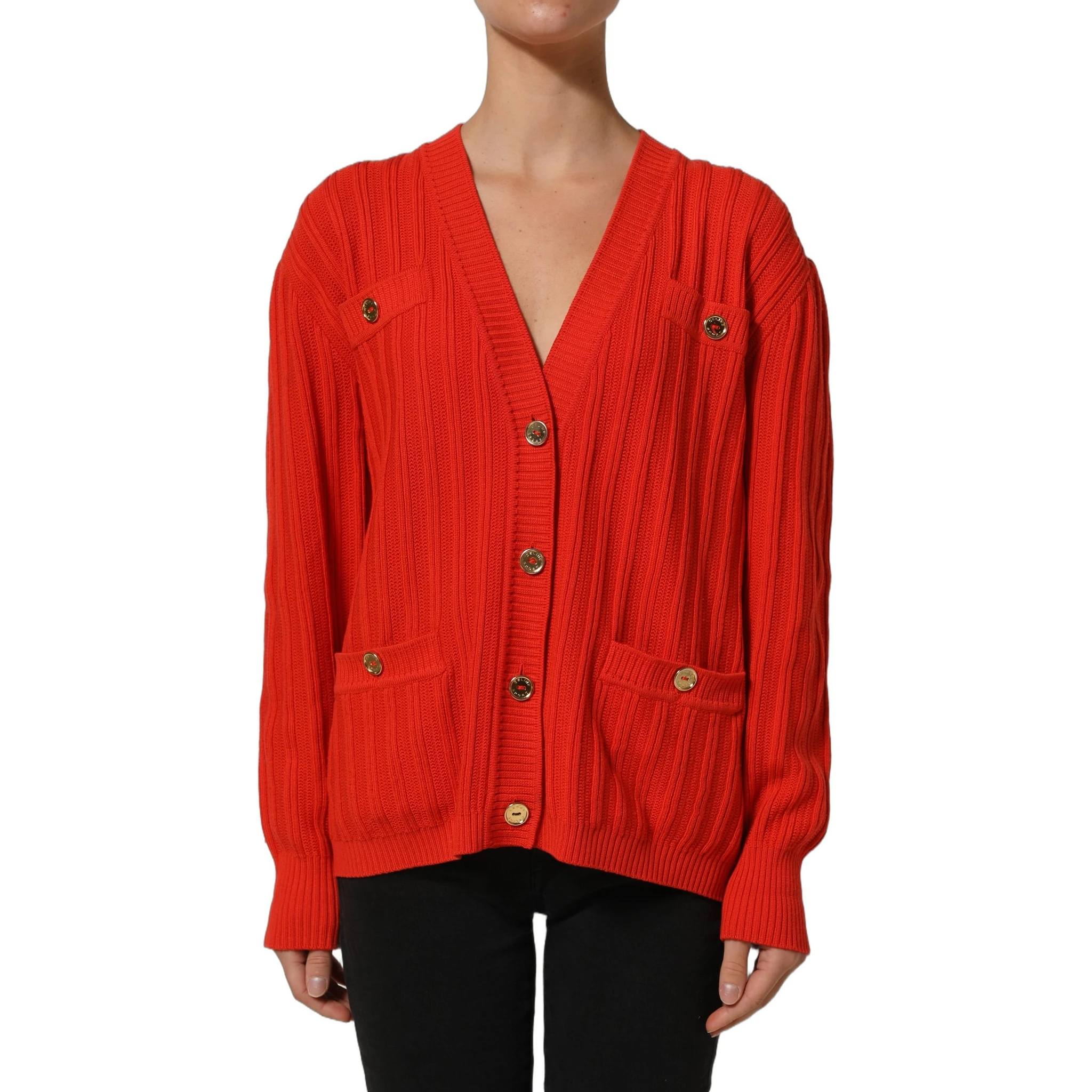 Red Wool Knit ButtonEmbellished Cardigan Sweater