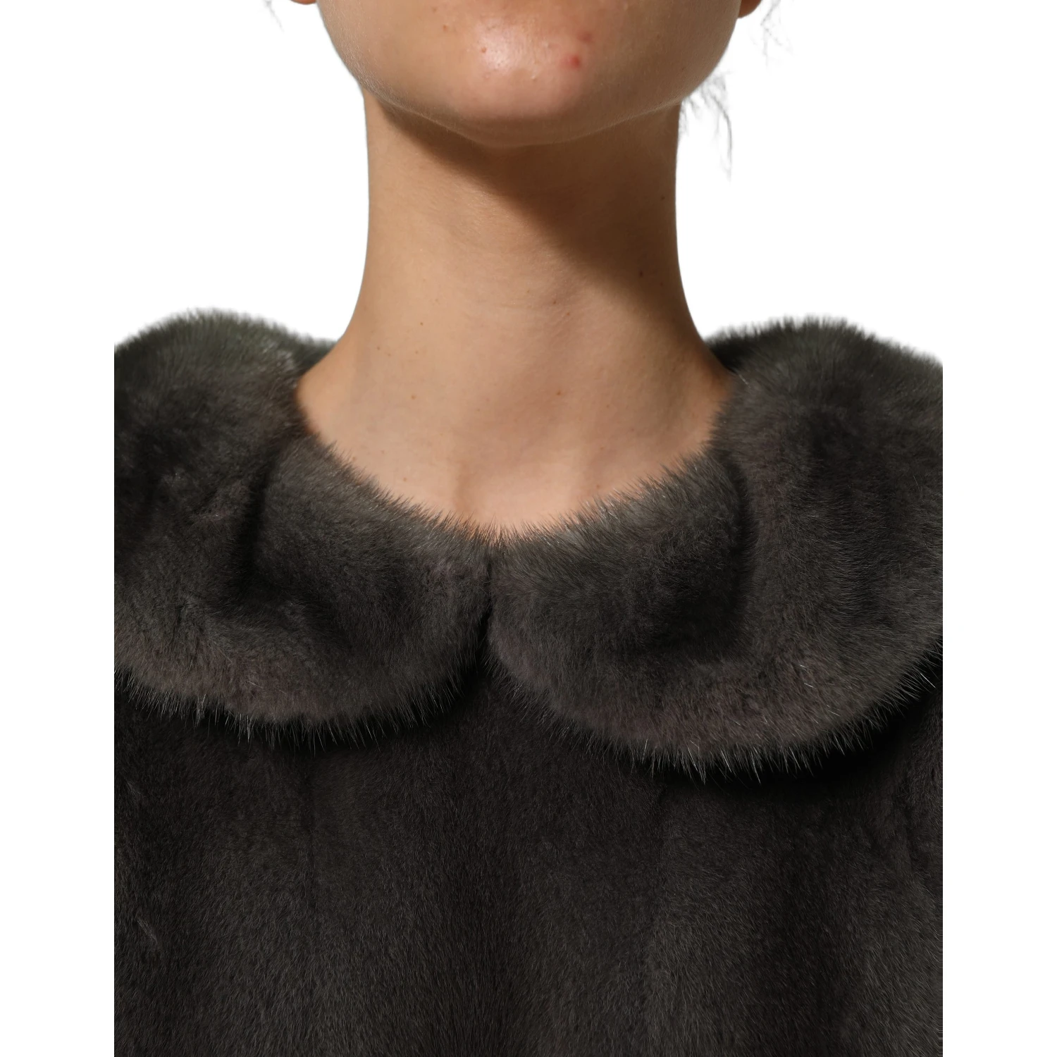 Dark Gray Mink Fur Round Collar Blouse Top