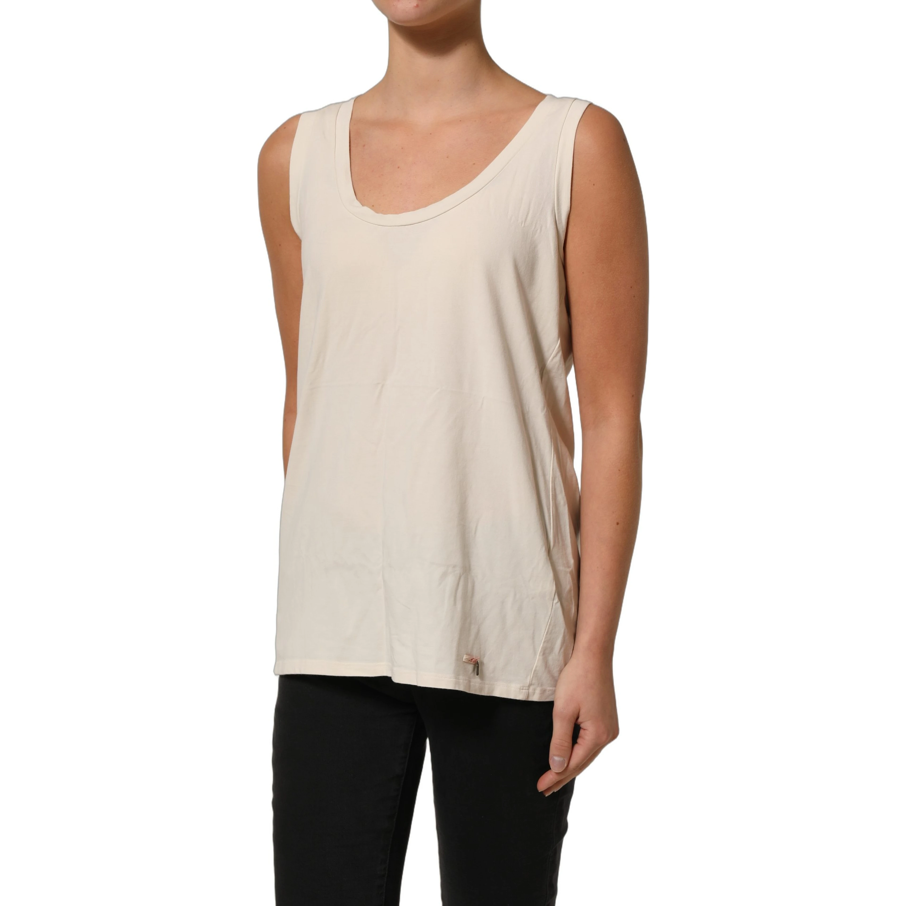 Beige Viscose Sleeveless Round Neck Women Tank Top