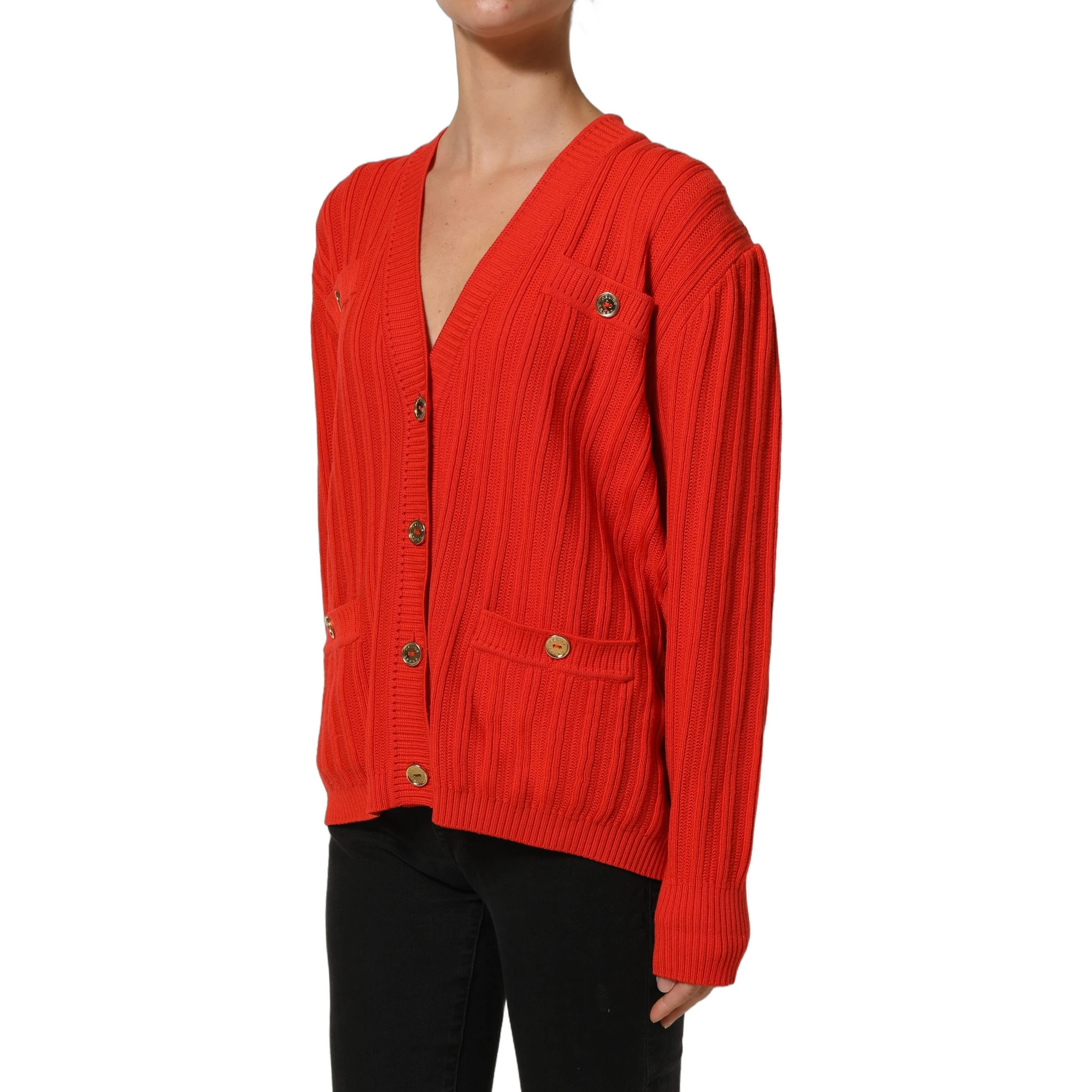 Red Wool Knit ButtonEmbellished Cardigan Sweater