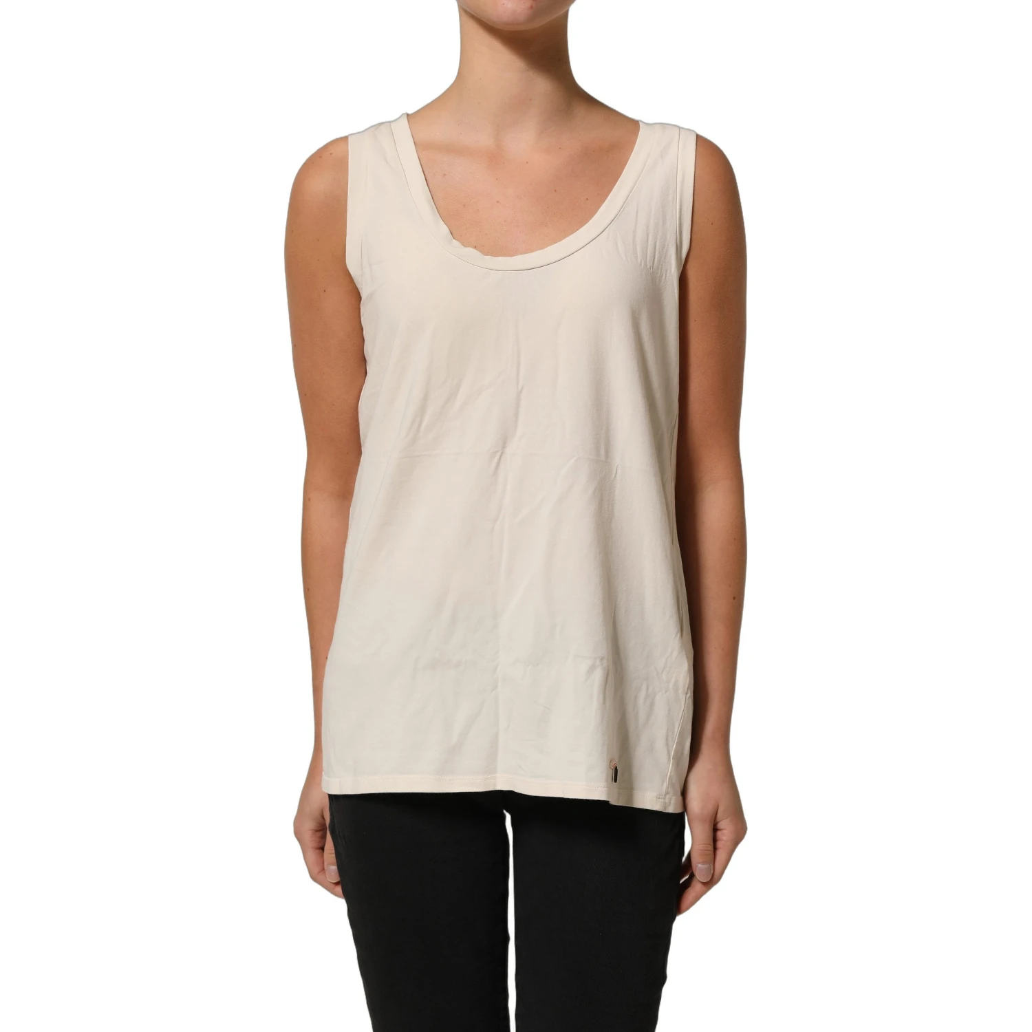 Beige Viscose Sleeveless Round Neck Women Tank Top