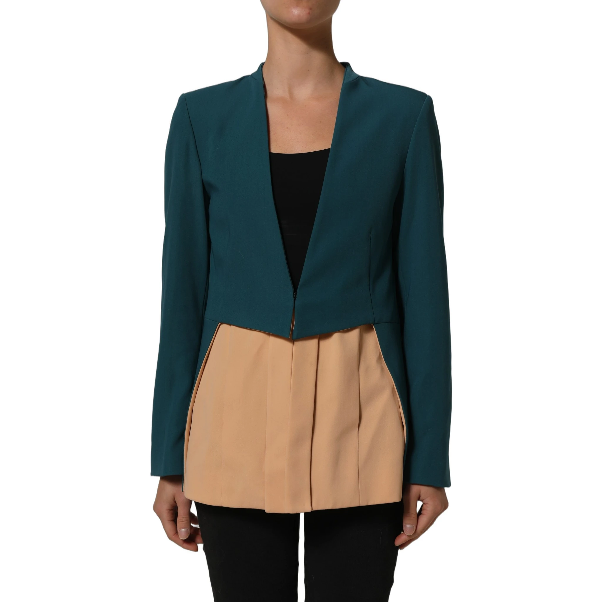 Dark Green Beige Polyester Overcoat Women Blazer Jacket