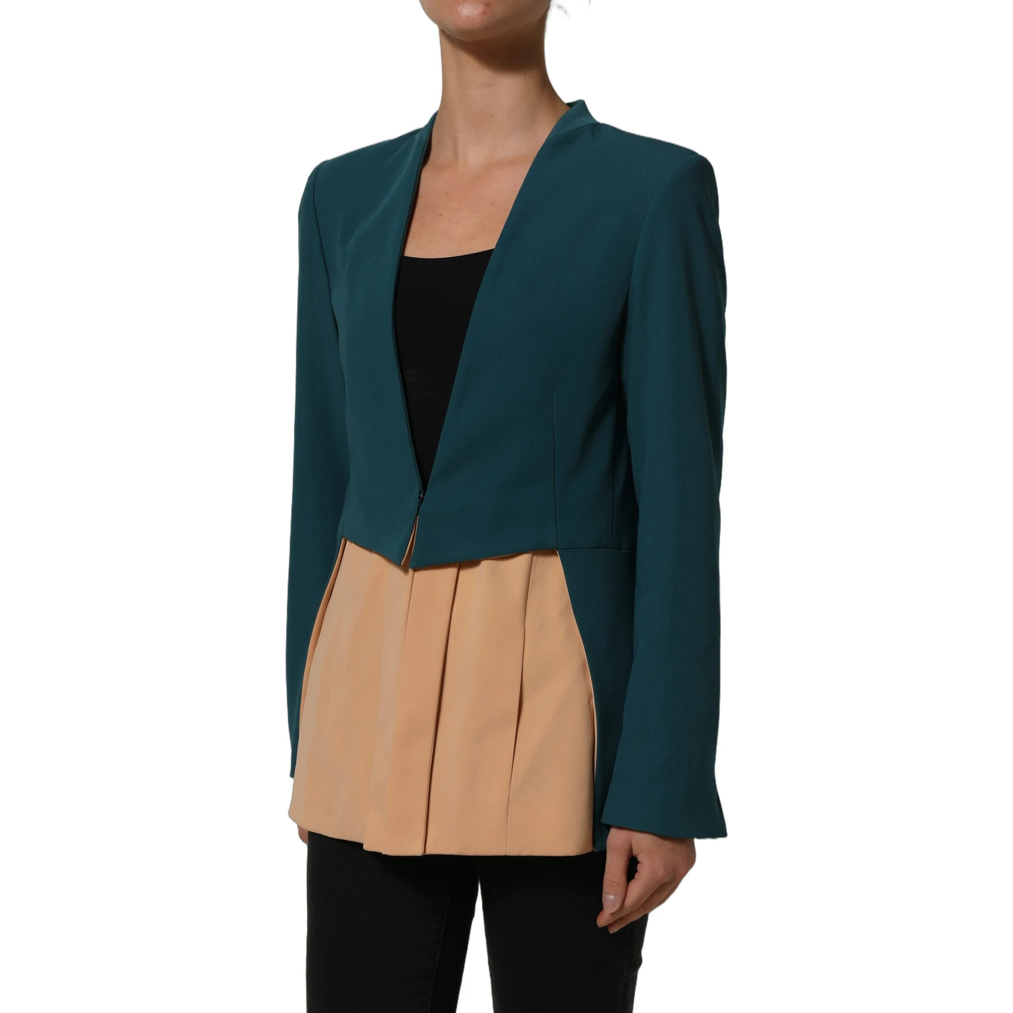 Dark Green Beige Polyester Overcoat Women Blazer Jacket